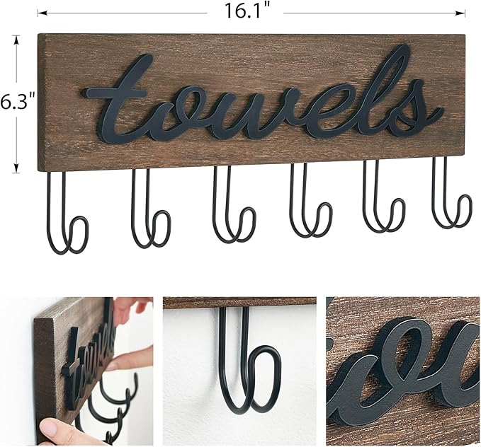 Mkono Towel Holder Wall Mounted Towel Rack Bathroom Decor Rustic Wood Towel Hooks to Hang Towels Bathroom Robe Coat Clothing, Bath Towel Hanger Storage Home Decor Organizer, Medium