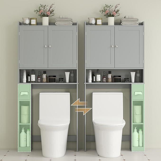 HOMCOM Over the Toilet Storage Cabinet, Modern Above Toilet Bathroom Organizer with 2 Doors, Storage Shelves, Toilet Paper Holder, Freestanding Space Saver for Bathroom, Laundry, Gray
