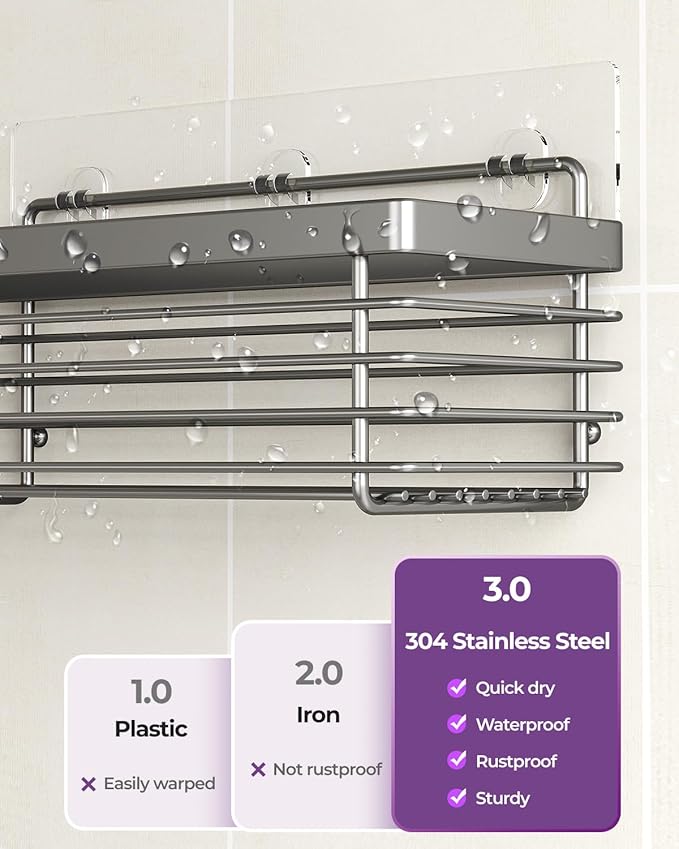 ODesign Shower Caddy 3 Pack SUS304 Stainless Steel-No Drilling-Shower Bathroom Shelves Rack,Rustproof Wall Mounted,Adhesive Shower Shelf Basket Organizer-Grey