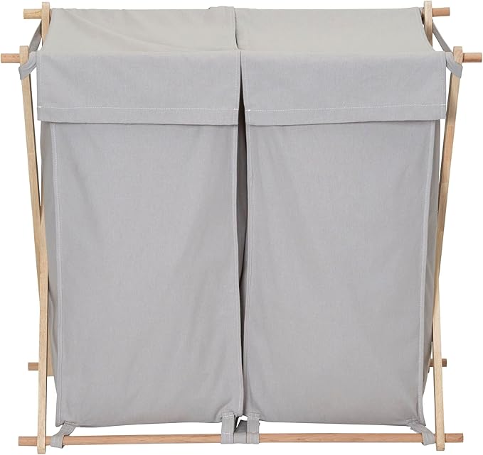 Household Essentials X-Frame Wood Laundry Sorter, Collapsible Wood Frame with Washable Gray Poly-Cotton Bags, Naturally Stylish Large