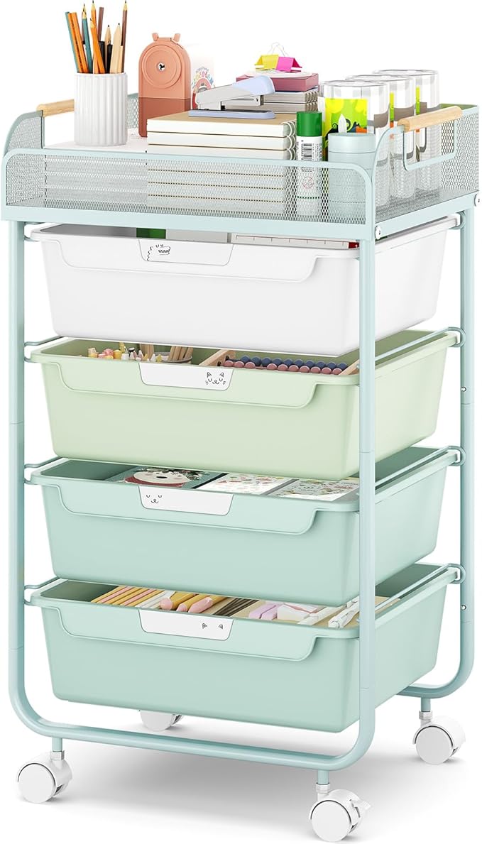Rolling Utility Storage Cart with 4 Drawers - 4 Tiers Rolling Cart Craft Cart, Storage Drawer Cart Organizer for Craft Room Office Bedroom Classroom with Mesh Top & 4 PCS DIY Lable, Green