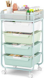 Rolling Utility Storage Cart with 4 Drawers - 4 Tiers Rolling Cart Craft Cart, Storage Drawer Cart Organizer for Craft Room Office Bedroom Classroom with Mesh Top & 4 PCS DIY Lable, Green
