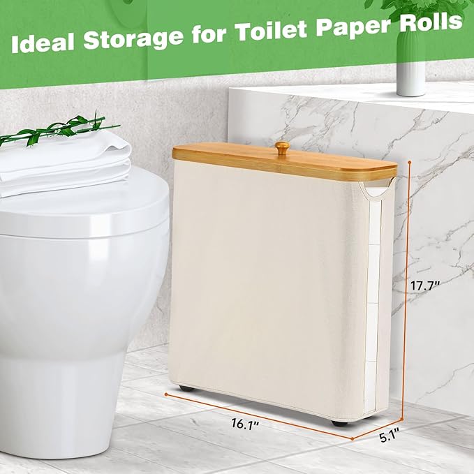 Toilet Paper Storage Basket with Bamboo Lid, Large Storage for Up to 9 Mega Rolls or 12 Regular Rolls, Toilet Paper Organizer for Bathroom (Beige)
