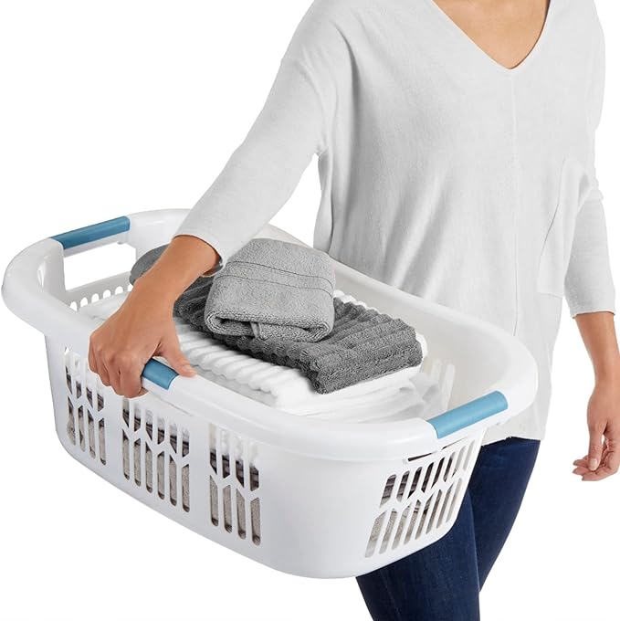 Rubbermaid 4 Pack Small Laundry Basket, 2.1 Bushel Bedroom Hamper, Hip-Hugger Plastic Clothing Bin with Carrying Handles, White