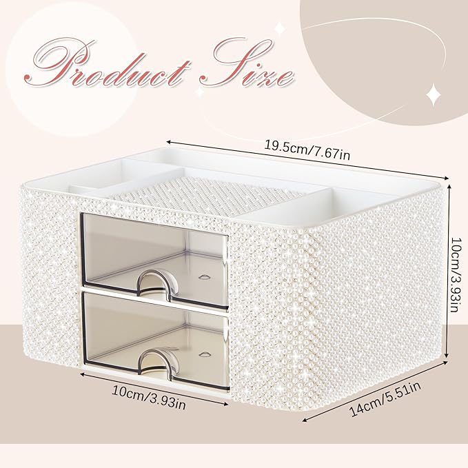 White Bling Desk Organizer with 2 Drawer, Sparkly Makeup Organizer for Vanity, Girly Desk Accessories, Rhinestone Pen Holder, Elevate Your Workspace with White Serenity (Pearl)