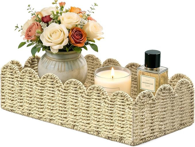 15" x 7.1" x 4" Scalloped Edge Paper Rope Basket, Toilet Paper Storage & Cozy Living Room Decor Basket for Over Toilet Shelf, End Table, Beige
