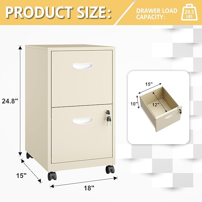 2 Drawer File Cabinet on Wheels, Mobile Two Drawer Filing Cabinet, Small Rolling Files Cabinets for Under Desk, Metal Filing Cabinets for Letter Size Folders, Cream - Assembly Required