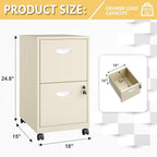 2 Drawer File Cabinet on Wheels, Mobile Two Drawer Filing Cabinet, Small Rolling Files Cabinets for Under Desk, Metal Filing Cabinets for Letter Size Folders, Cream - Assembly Required