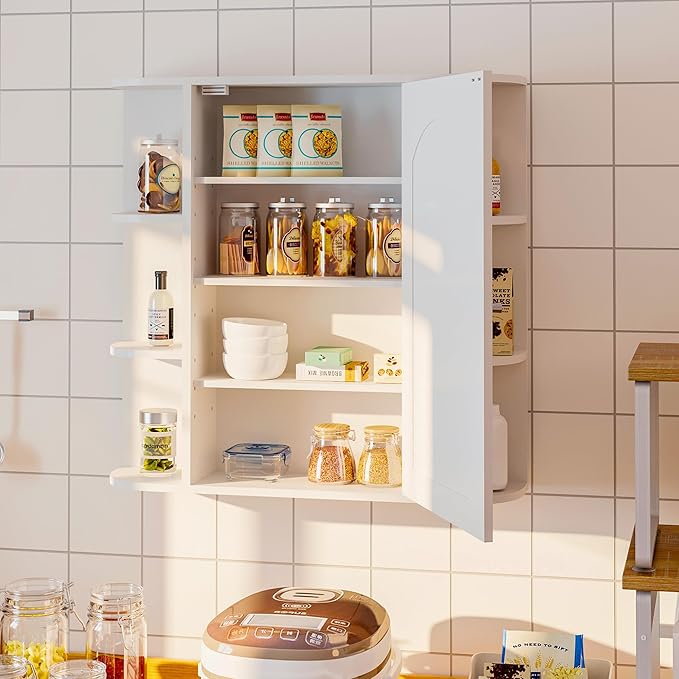 Bathroom Wall Cabinet, Medicine Cabinet with Mirror and Adjustable Shelves,White Wall Mounted Cabinet Over The Toile,3-Tier Wood Hanging Storage for Bathroom,Kitchen,Living,Laundry Room