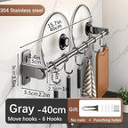 Hanging Wall Mount knife Wall Mount, Kitchen Organizer Storage Shelf for Utensils Spatula Spoon, Space-Saving Knife Rack with Hooks,Wall-Mounted Utensil Holder (Grey, 40CM+Single Pole+6Hooks)
