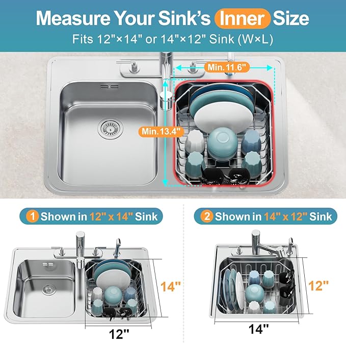 GSlife Small in Sink Dish Drying Rack - Stainless Steel Compact Dish Drainer for RV Kitchen Apartment Sink, Rust Resistant Inside Sink Rack, 1–2 Person Households, 11.6" W x 13.4" L, Silver
