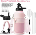 Insulated Water Bottle | Thickened Stainless Steel Vacuum Metal | Portable Sports Water Jug for Gym and Hiking with Straw, Carrier Bag, Handle Strap | BPA-Free 32 oz, Pink