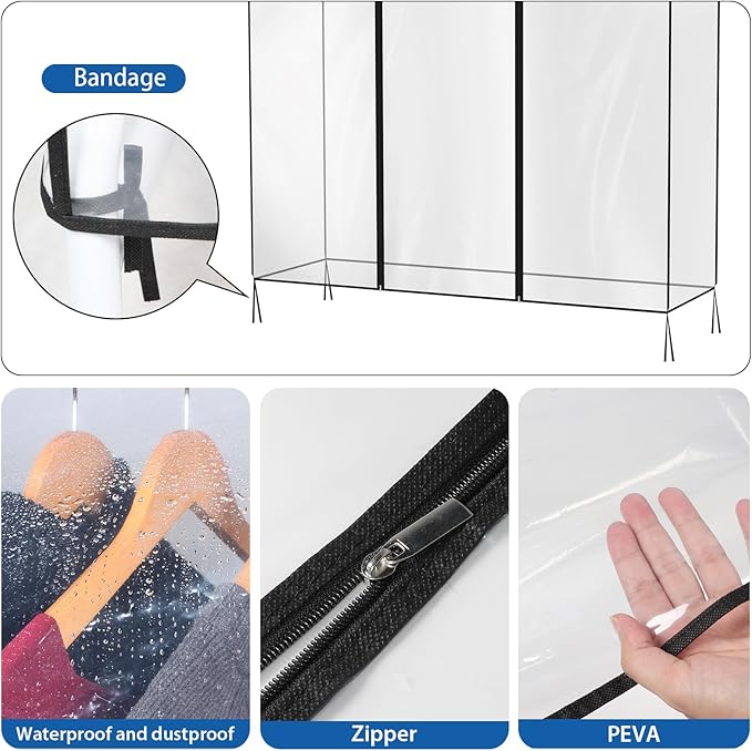 Zilink Clear Garment Rack Cover 6Ft Transparent Clothes Rack Cover Waterproof Clothing Rack Cover with 2 Durable Zippers for Garment Rack (72"L x 20"W x 60"H, Rack Not Included)
