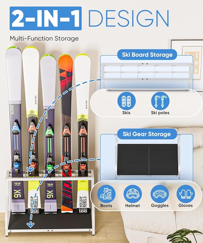Ski Storage Rack for Garage — Freestanding Ski Holder for 5 Pair Skis, Helmet, Goggles, gloves, Indoor Snowboard Rack Organizer Stand for Home, Shed, Basement, White