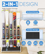 Ski Storage Rack for Garage — Freestanding Ski Holder for 5 Pair Skis, Helmet, Goggles, gloves, Indoor Snowboard Rack Organizer Stand for Home, Shed, Basement, White