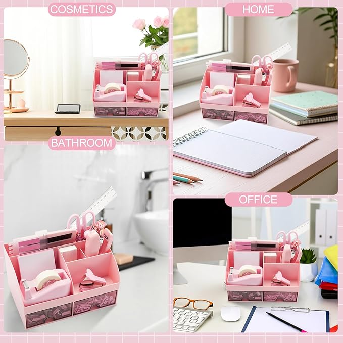 18 Pack Pink Office Supplies Desk Accessories for Women Desk Organizer Box Calculator Staple Remover Stapler Scissors Clips Mouse Pad Sticky Notes Index Notes Tape Dispenser Ruler Tap Pen