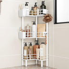 Orimade Rustproof 3 Tier Floor Standing Corner Shower Caddy Organizer with Toothbrush Holder, Large Spacing Floor Shower Shelf Rack Storage Stands with Hooks for Bathroom Kitchen, White