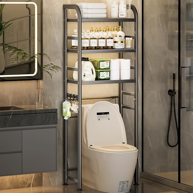Over The Toilet Storage, Enhanced Oval Tube Bathroom Shelf Organizer, Freestanding Toilet Storage Cabinet with Suction Cups for Fastening, 3-Tires Over The Toilet Rack (Grey)