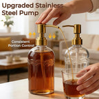 Coffee Syrup Dispenser Set of 4, 13.5 oz (400ml) Glass Bottles with Antique Bronze Stainless Steel Pump, Coffee Bar Syrup Pump Dispensers with Funnel, Cleaning Tools & Tags