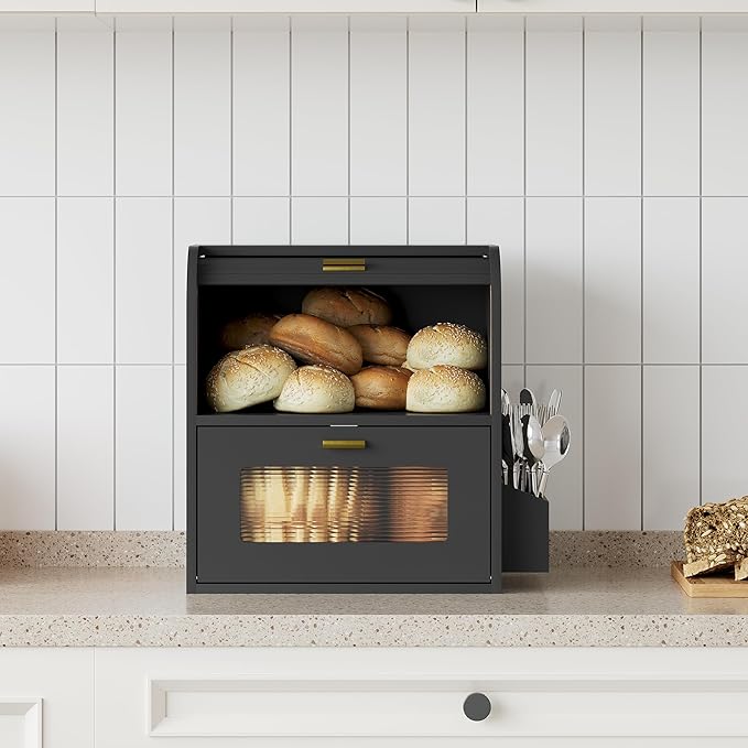 TQVAI Roll Top Bread Box for Kitchen Countertop, Keep Fresh Longer, Easy to Maintenance, Double Layer Vintage Wooden Breadbox with Window for Homemade Bread, Sandwich Loaves, Baked Goods (Black)