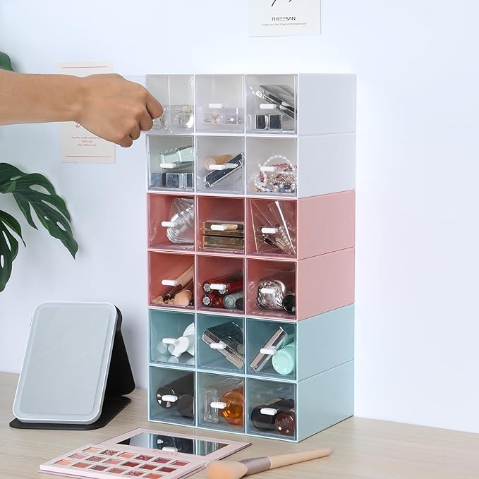 Desktop Drawers, Desk Organizer with 9 Drawers, Stackable Plastic Storage Box for Home Collection, Cosmetics, Jewelry, Office Supplies (3 Tiers, White)