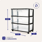 HOMZ Drawer Tower, 3-Tier Wide Clear Plastic Storage Organizer Cart, Black Frame - Organizing Containers with Wheels for Home, Bathroom, Bedroom, Office, and Classroom