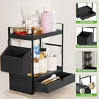 2-Tier Bathroom Counter Organizer with Drawer and Basket, Wood Countertop Organizer for Storage, Skincare Organizers for Vanity, Counter Shelf for Bathroom Organization, Black