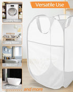 2 Pack Durable Collapsible Laundry Baskets - Reinforced Mesh Pop Up Laundry Hamper with Pocket, Foldable Dirty Clothes Hamper with Carry Handles for Laundry, Bathroom, Kids Room, Dorm or Travel White