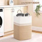 Laundry Basket Hamper,Blanket Storage,Dirty Clothes Hamper with Swivel Handles,Woven Cotton Rope Toy Baskets,Blanket Basket Living Room,Decorative Hampers for Nursery,Bedroom,White & Brown,100L