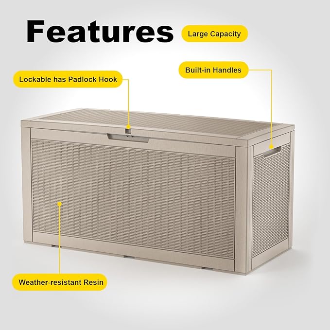 120 Gallon Outdoor Waterproof Resin Storage Deck Box Lockable Outside Bench UV Resistant Bin Patio Porch Furniture Pool Float Garden Tool Cushion Grey