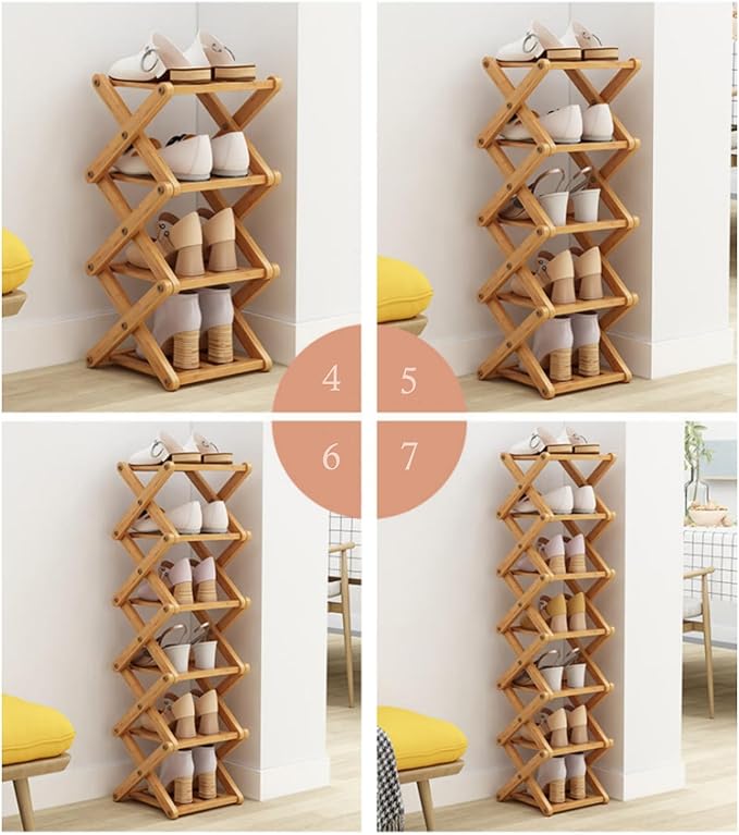 Foldable Shoe Rack, Bamboo Vertical Shoe Organizer Tall for Small Spaces. Multifunctional Narrow Shoe Shelf for Entryway, Closet, Corner, Bedroom, Hallway, Wood Color 5 Layers