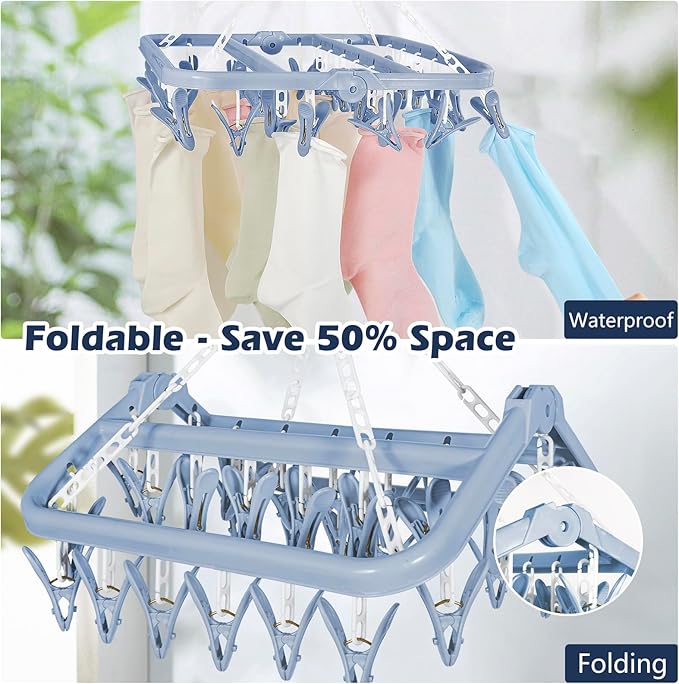 Aolloa Clothes Drying Rack with 32 Clothespins, Bule Foldable Hanging Drying Racks, 360° Rotatable Hook for Drying Towels Bras Baby Clothes Gloves Plastic, Clothes Drying Foldable-Bule