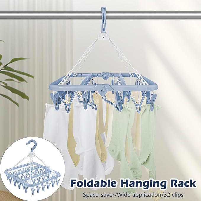 Aolloa Clothes Drying Rack with 32 Clothespins, Bule Foldable Hanging Drying Racks, 360° Rotatable Hook for Drying Towels Bras Baby Clothes Gloves Plastic, Clothes Drying Foldable-Bule