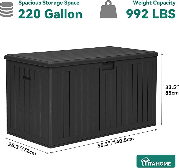 YITAHOME 220 Gallon Double-Wall Deck Box with Divider & Side Handles, Outdoor Large Storage for Patio Furniture Cushions, Garden Pool Accessories, Water Resistant & Lockable(Black)
