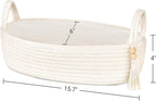 Mkono Small Storage Basket for Toilet Tank Top Boho Bathroom Decor Woven Rope Toilet Paper Tray Organizer for Shelf Bedroom Living Room, White, 1 Pack, 15.7" L x 6" W