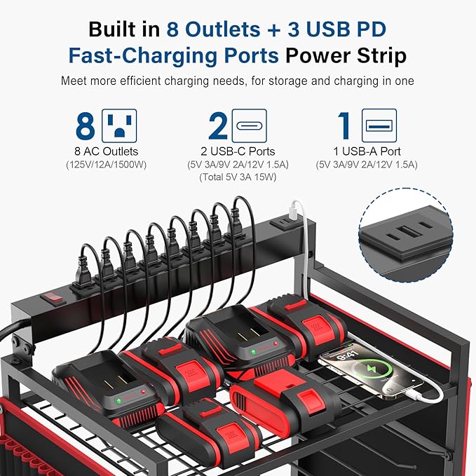 JUNNUJ Garage Large Power Tool Organizer Cart with 8 Outlet 3 USB Charging Station, Floor Rolling Drill and Tools Battery Storage Cart on Wheels, Heavy Duty Utility Rack Shelf with 10 FT Power Strip