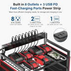 JUNNUJ Garage Large Power Tool Organizer Cart with 8 Outlet 3 USB Charging Station, Floor Rolling Drill and Tools Battery Storage Cart on Wheels, Heavy Duty Utility Rack Shelf with Power Strip