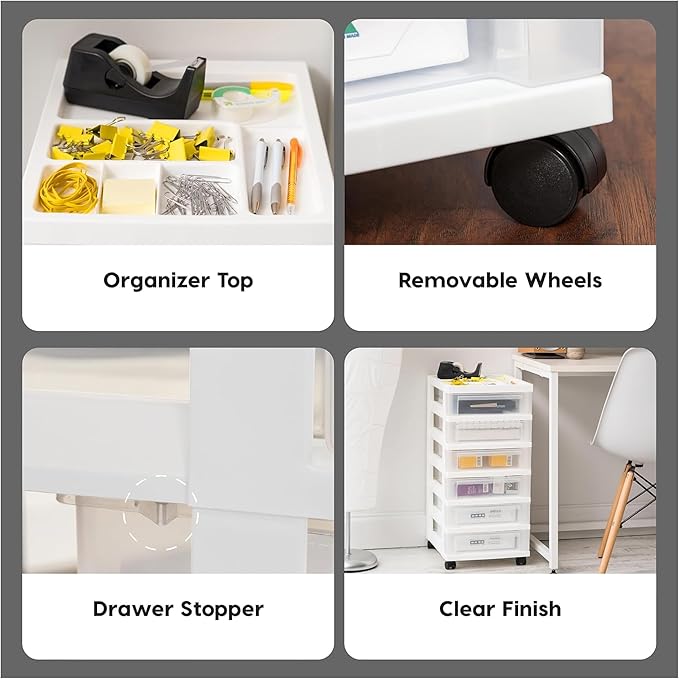 IRIS USA Plastic Drawer Storage Organizer Rolling Cart, 2-Pack, with Wheels Casters, 6-Drawers, for Classroom Art Craft Supplies Dresser Closet Bathroom Laundry Room, White/Clear