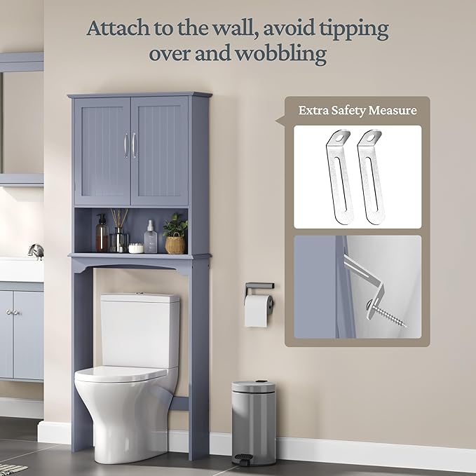 Topeakmart Over the Toilet Storage, Bathroom Storage Organizer with 2 Doors and Adjustable Shelf, L24.5xW9xH66 Inches, Gray
