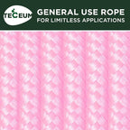 TECEUM Rope – 90 Feet x 1/4 Inch (7mm) – Pink – Strong All-Purpose Utility Rope – Camping, Crafting, Flag Pole, Indoor & Outdoor – Polypropylene Nylon Poly Lightweight Diamond Braided Cord