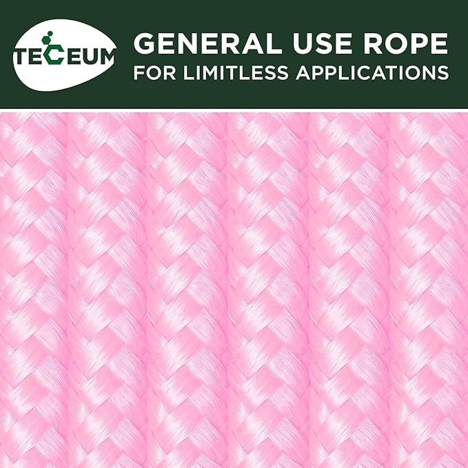 TECEUM Rope – 150 Feet x 1/4 Inch (7mm) – Pink – Strong All-Purpose Utility Rope – Camping, Crafting, Flag Pole, Indoor & Outdoor – Polypropylene Nylon Poly Lightweight Diamond Braided Cord