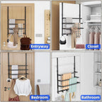 Over The Door Towel Rack, Over Door Towel Racks for Bathroom Door with 5 Hooks, 3 Tier Towel Storage Hanger Holder for Bathroom Accessories, 16 Inch Towel Bar for Hanging Towels, Matte Black
