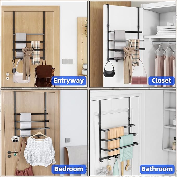 Over The Door Towel Rack, Over Door Towel Racks for Bathroom Door with 5 Hooks, 3 Tier Towel Storage Hanger Holder for Bathroom Accessories, 16 Inch Towel Bar for Hanging Towels, Matte Black