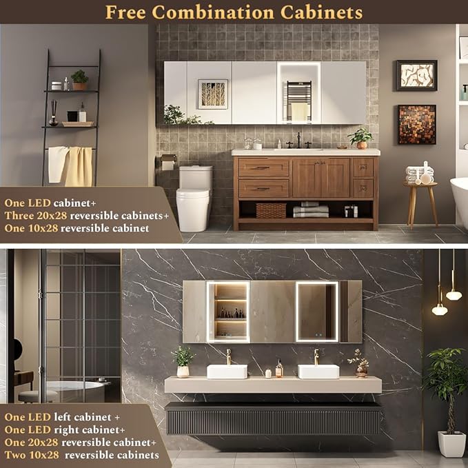 Spliceable Modular LED Lighted Bathroom Medicine Cabinet Mirror with Anti-Fog Aluminum Frame, Adjustable Lighting, Built-in Sockets & USB Ports – Wall Mounted (Right Hinge, 28" L x 20" W)
