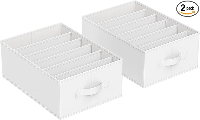 SONGMICS Set of 2 Large Size Wardrobe Clothes Organizers, 6-Compartment Foldable Drawer Organizers with Handles, 16.5 x 11.8 x 6.7 Inches, for Pants, Sweaters, Jeans, Cloud White URUS009W02
