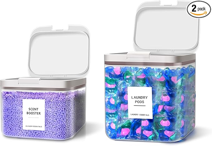 2 Pack Laundry Pods Container for Laundry Room Organization, Laundry Pod Up Holder with 30 Labels and Scoops, Laundry Detergent Powder Container, Dryer Sheet Holder