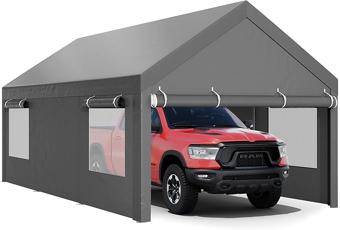 JY QAQA Carport, 12x20 FT Heavy Duty Carport with Roll-Up Window and Sandbags, Portable Garage with Removable Side Walls and Doors, Car Canopy with All-Season Tarp for Cars, Trucks, Boats, Grey