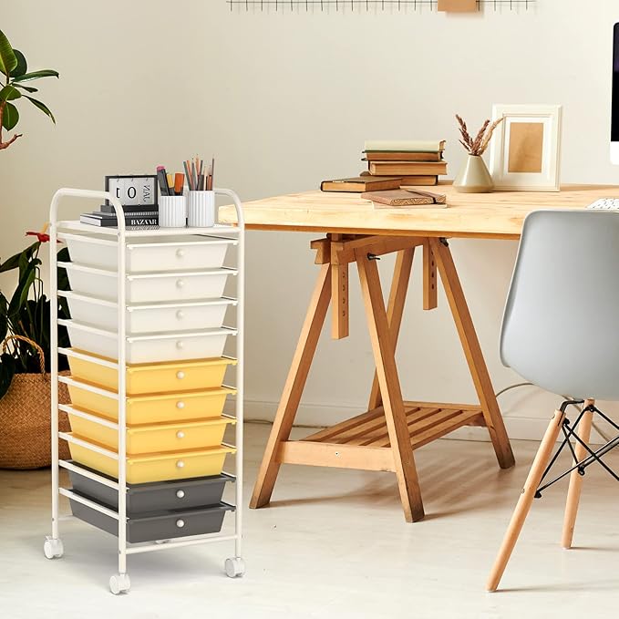 COSTWAY 10-Drawer Rolling Storage Cart, Utility Mobile Trolley with Removable Drawers & Universal Casters & 2 Brakes, Versatile Flexible Drawer Organizer Cart for Home, Office (Yellow)