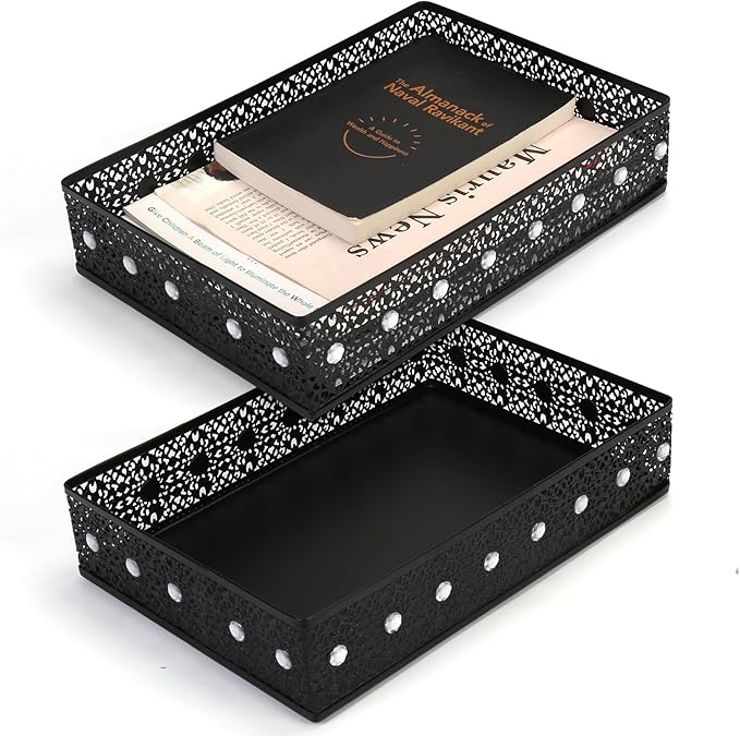 Desk Drawer Organizer, A4 Large Metal Mesh Desk Rrganizer Tray, Carved Hollow Floral Tray, Versatile Storage Box Set for Office Home Supplies,13x9x3 inches (Rhinestones,2 PCS)