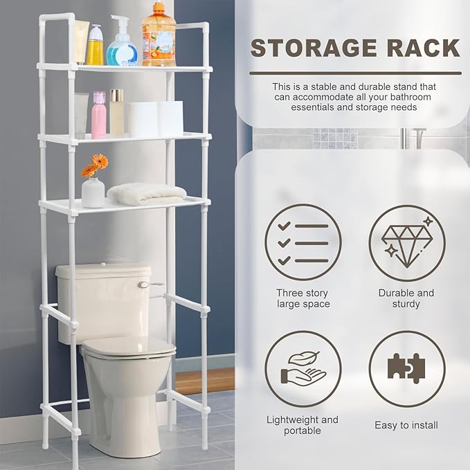 Over The Toilet 3-Tier Storage Cabinet, Above Toilet Storage Rack, Behind Toilet Shelf, Bathroom Organizer Freestanding Toilet Shelf Space Saver for Home Bathroom (White)